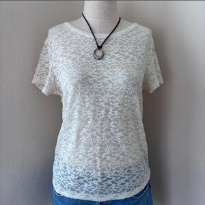 New York & Company White Lace Short Sleeve Top
